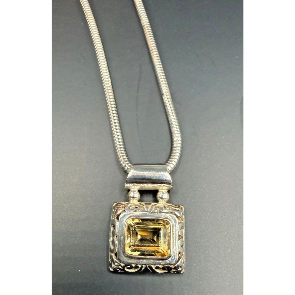 Milor Italy 925 Sterling Silver Box Chain w/ Yellow Stone Pendant 18g Vintage